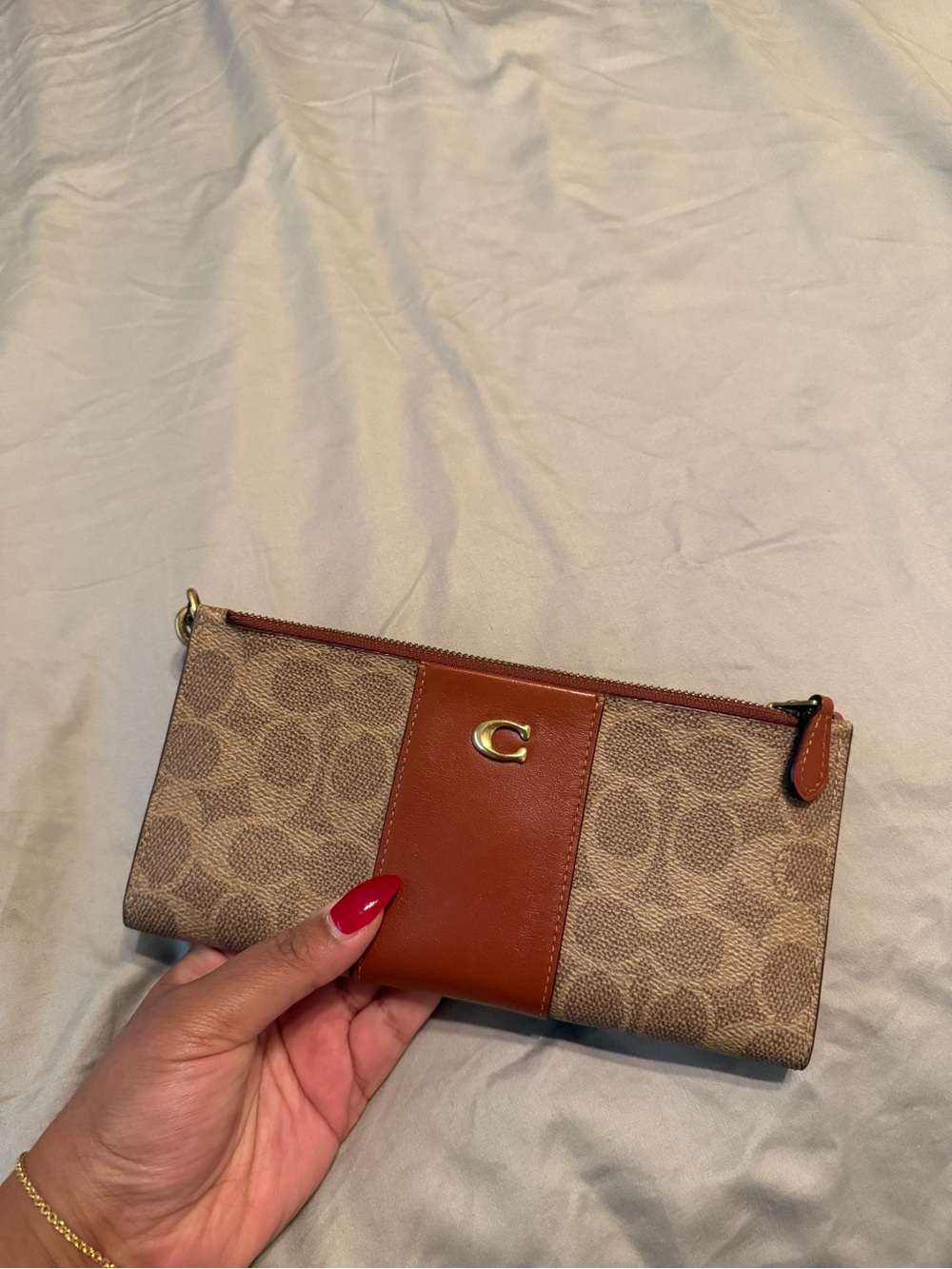 Coach Double Zip Signature Canvas Wristlet CCG85 Tan Saddle Leather - Like New